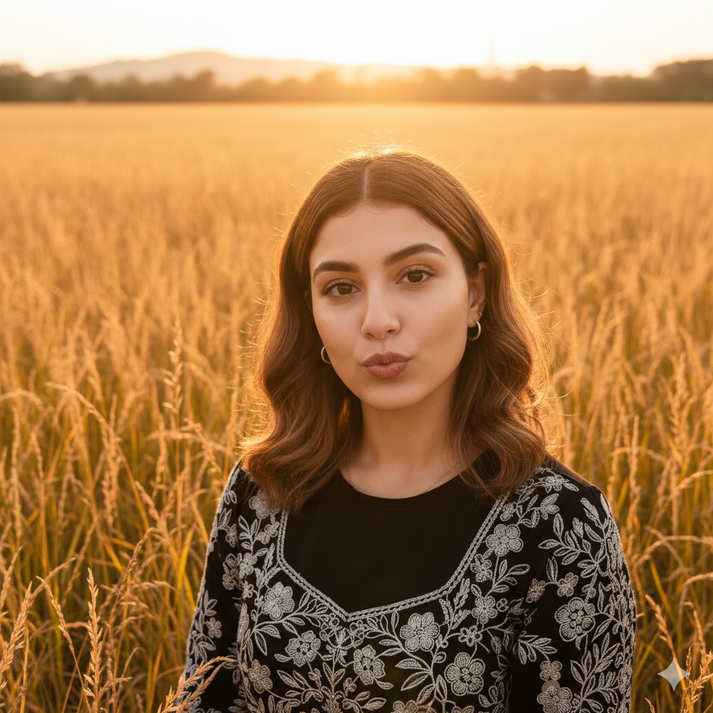 Cinematic portrait of a young woman wearing a yellow cardigan, smiling in a field of tall grass. The scene is lit by the warm, soft light of the golden hour, creating a shallow depth of field and a gentle lens flare.